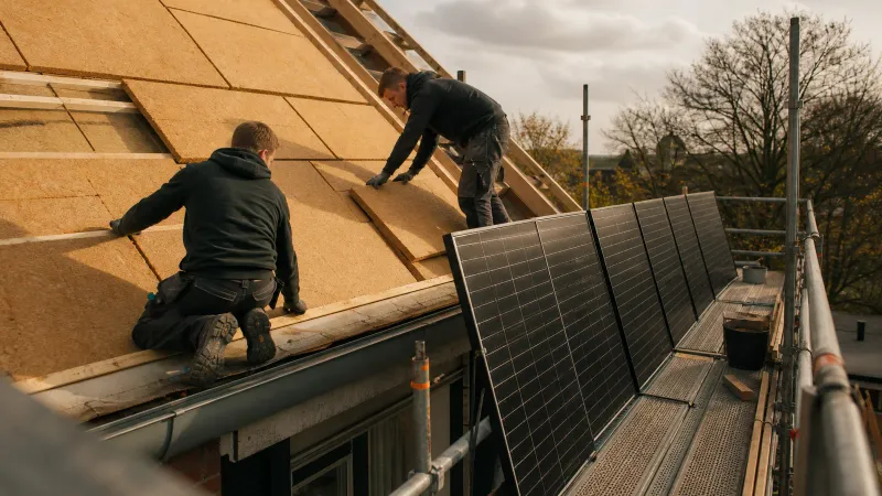 Nederlandse woning met steiger, buiten gefotografeerd, waar isolatieplaten op het kale dak worden gelegd naast klaarliggende zonnepanelen