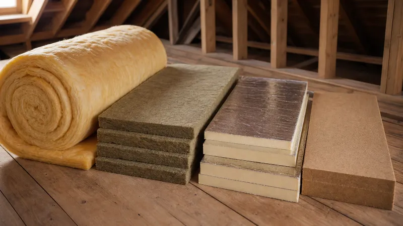 Verschillende dakisolatiematerialen naast elkaar op een houten zoldervloer: glaswol, steenwol, PIR platen en houtvezelplaat