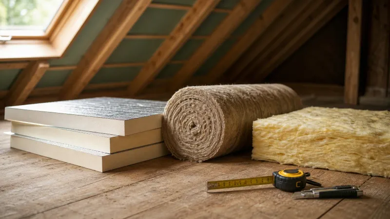 Verschillende isolatiematerialen zoals PIR platen, steenwol en glaswol liggen naast elkaar op een werkbank in een Nederlandse zolder