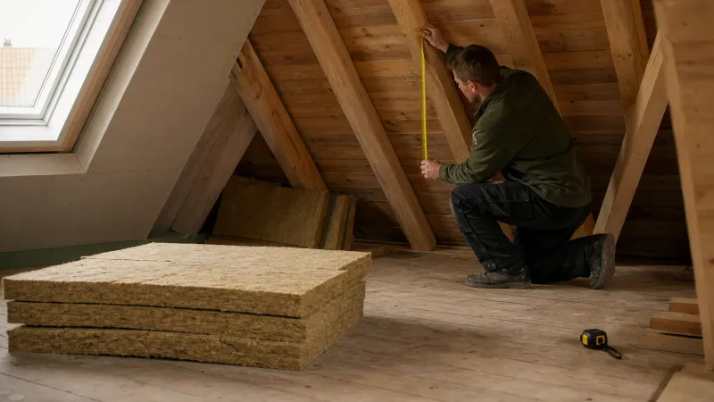 Vakman meet ruimte tussen dakspanten op in een Nederlandse zolder met stapel isolatiematerialen klaar voor installatie