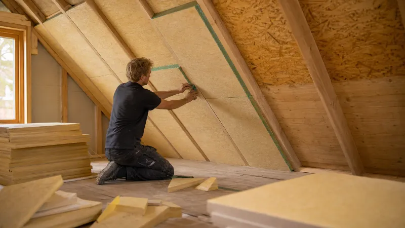 Vakman plaatst PIR isolatieplaten tussen dakspanten in een zolder tijdens installatie, met isolatiemateriaal en gereedschap op de vloer