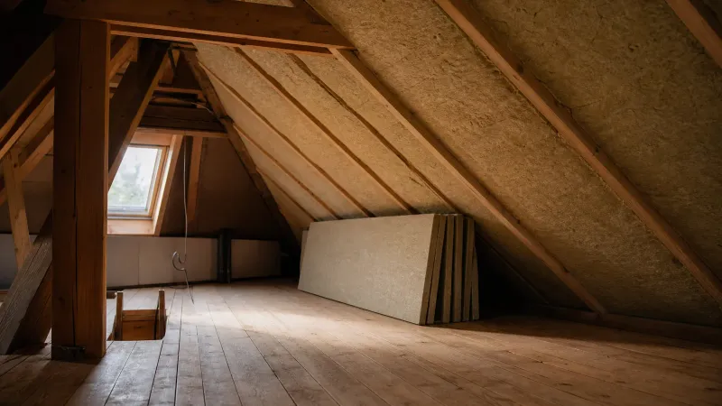 Zolder met dakisolatie tussen de sparren en gestapelde isolatieplaten op de houten vloer, binnenopname