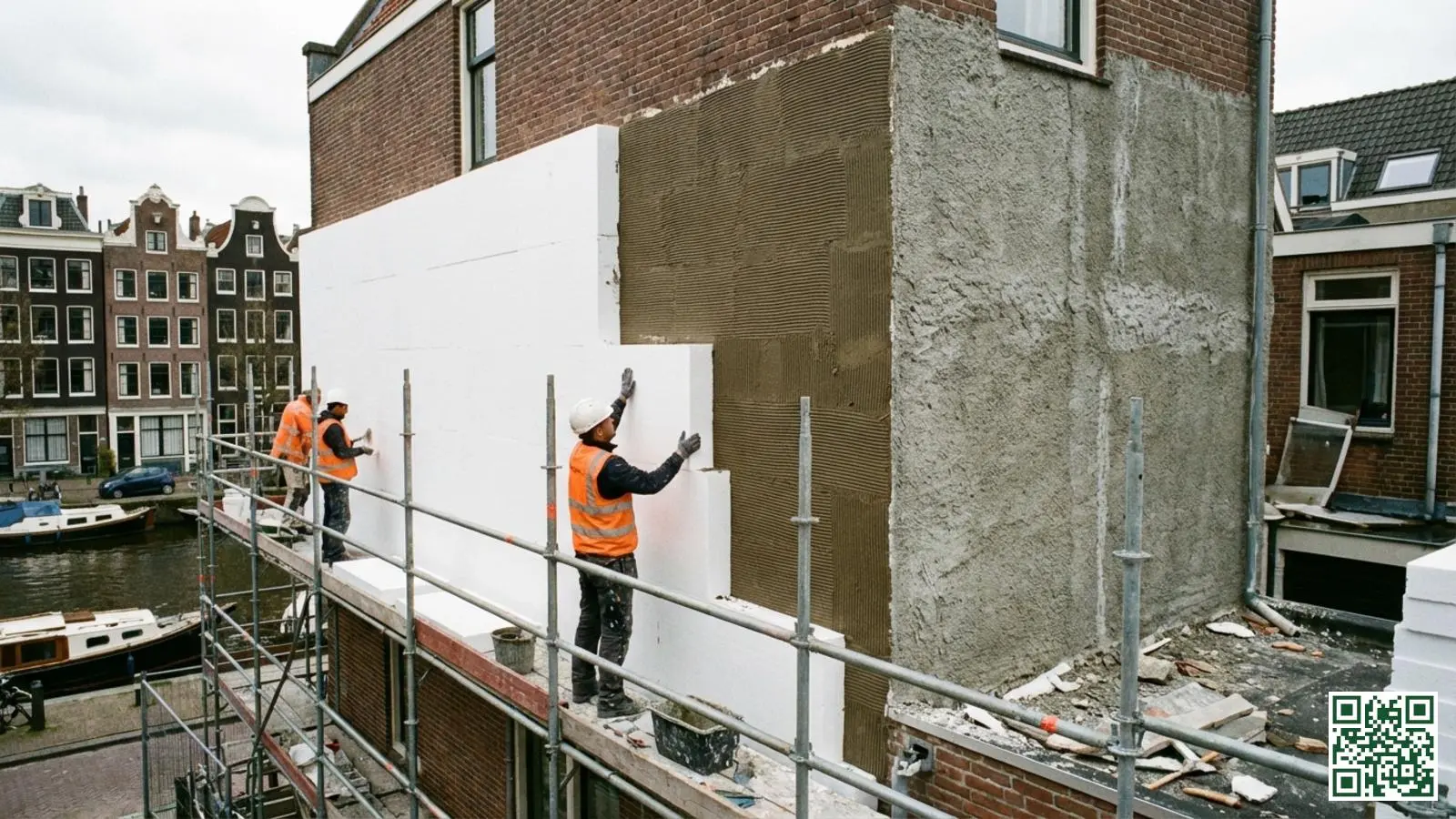 Installatie van buitengevelisolatie met isolatieplaten en stucwerk afwerking op Nederlandse woning