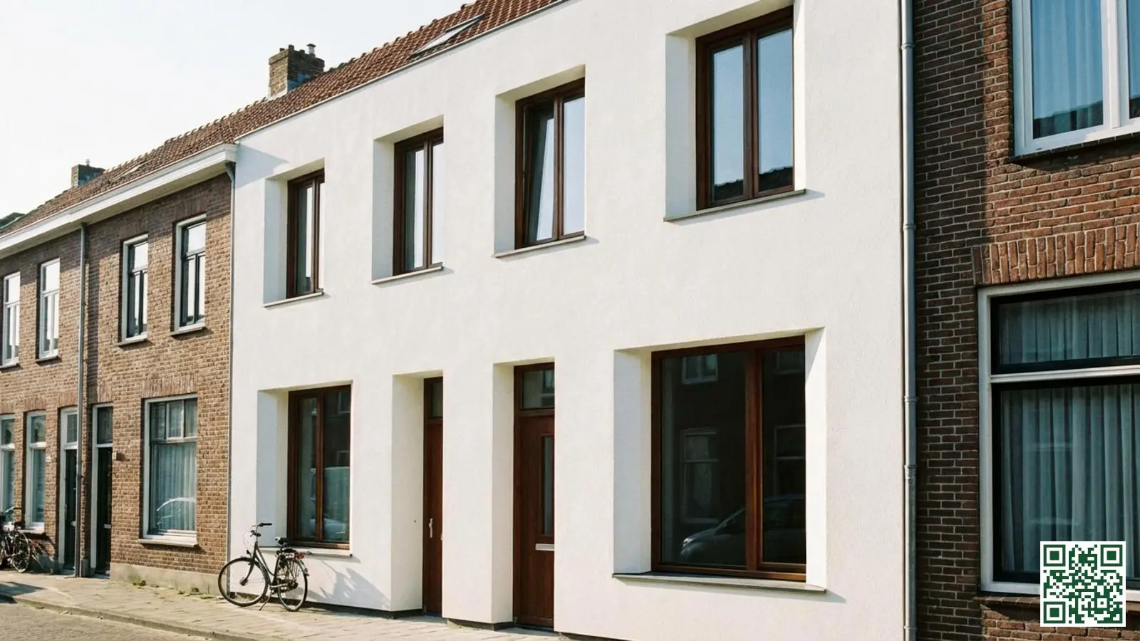 Nederlandse rijwoning met afgewerkte buitengevelisolatie en witte stucwerk gevel na renovatie