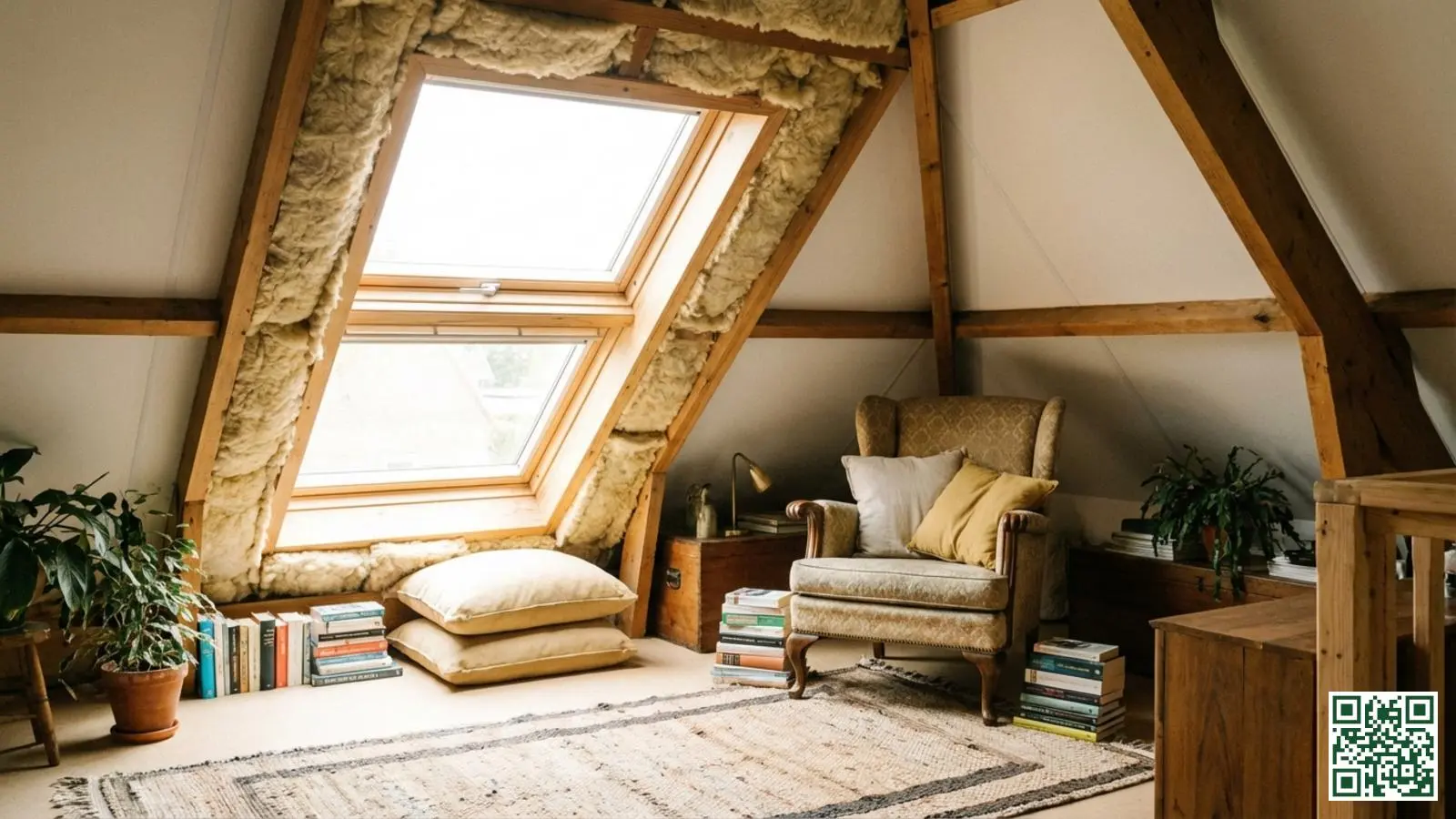 Gezellige Nederlandse zolderruimte met dakraam en zichtbare dakisolatie tussen de balken