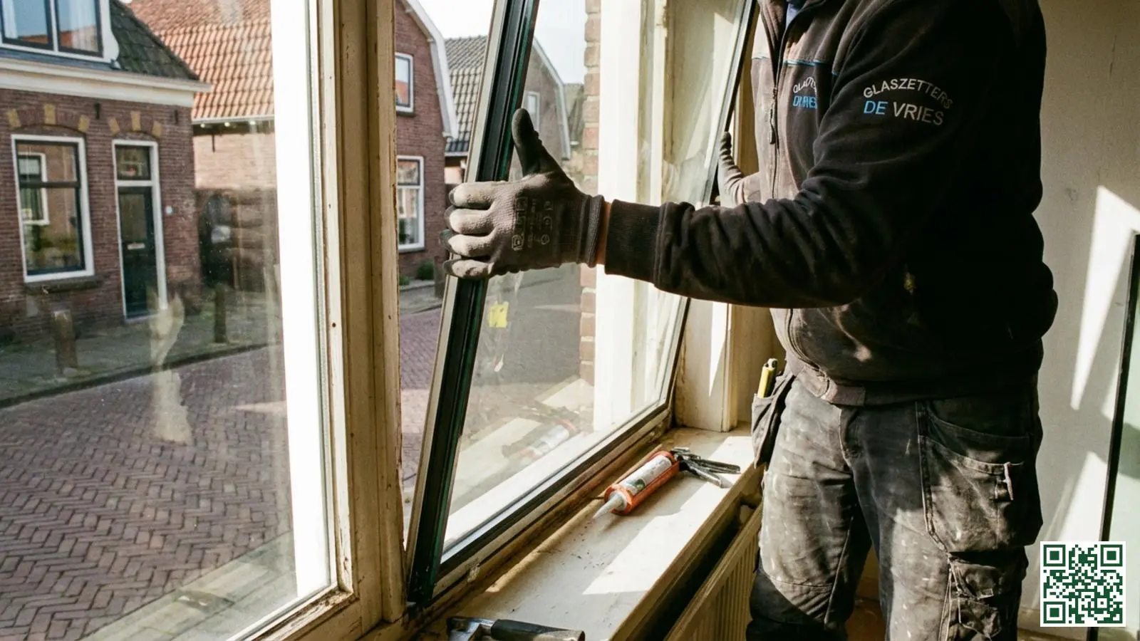 Vakman plaatst nieuw HR glas in bestaand kozijn van Nederlandse woning