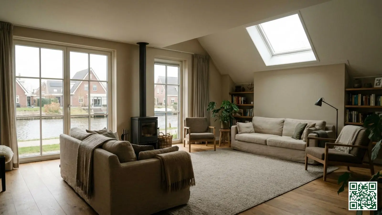 Nederlandse woonkamer met grote HR glas ramen en zichtbaar dakraam in schuin plafond