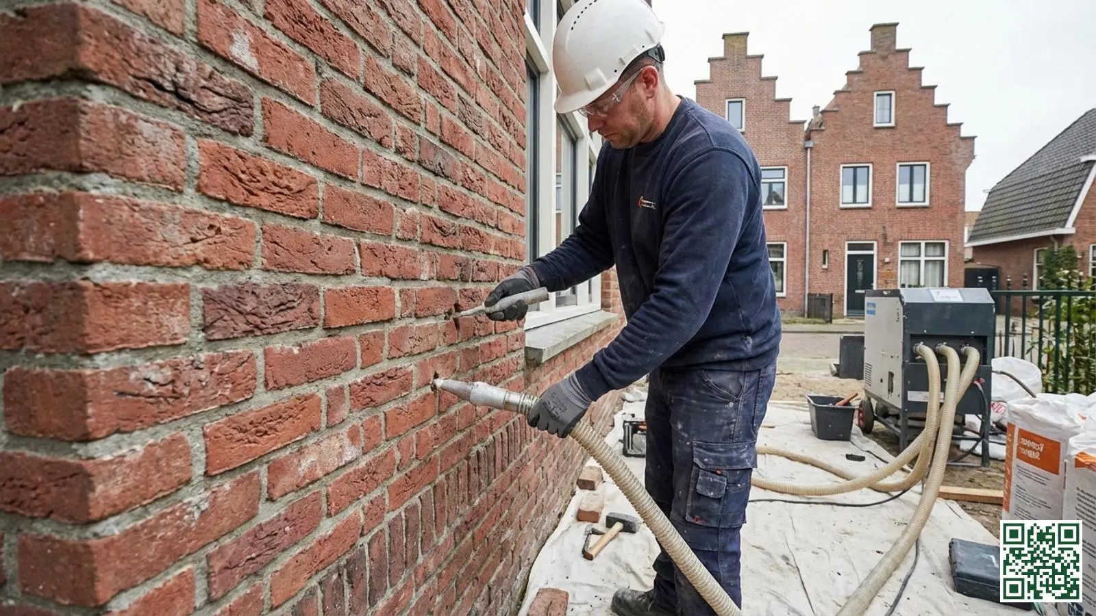 Vakman blaast isolatiemateriaal in de spouwmuur van een Nederlandse woning via kleine boorgaten