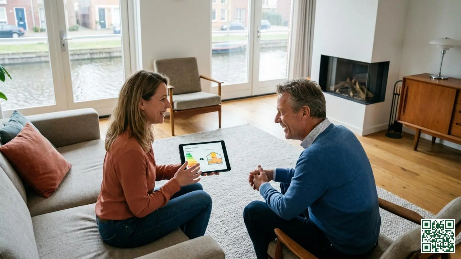 Energieadviseur bespreekt isolatiemogelijkheden met Nederlandse huiseigenaar in de woonkamer met tablet en documentatie