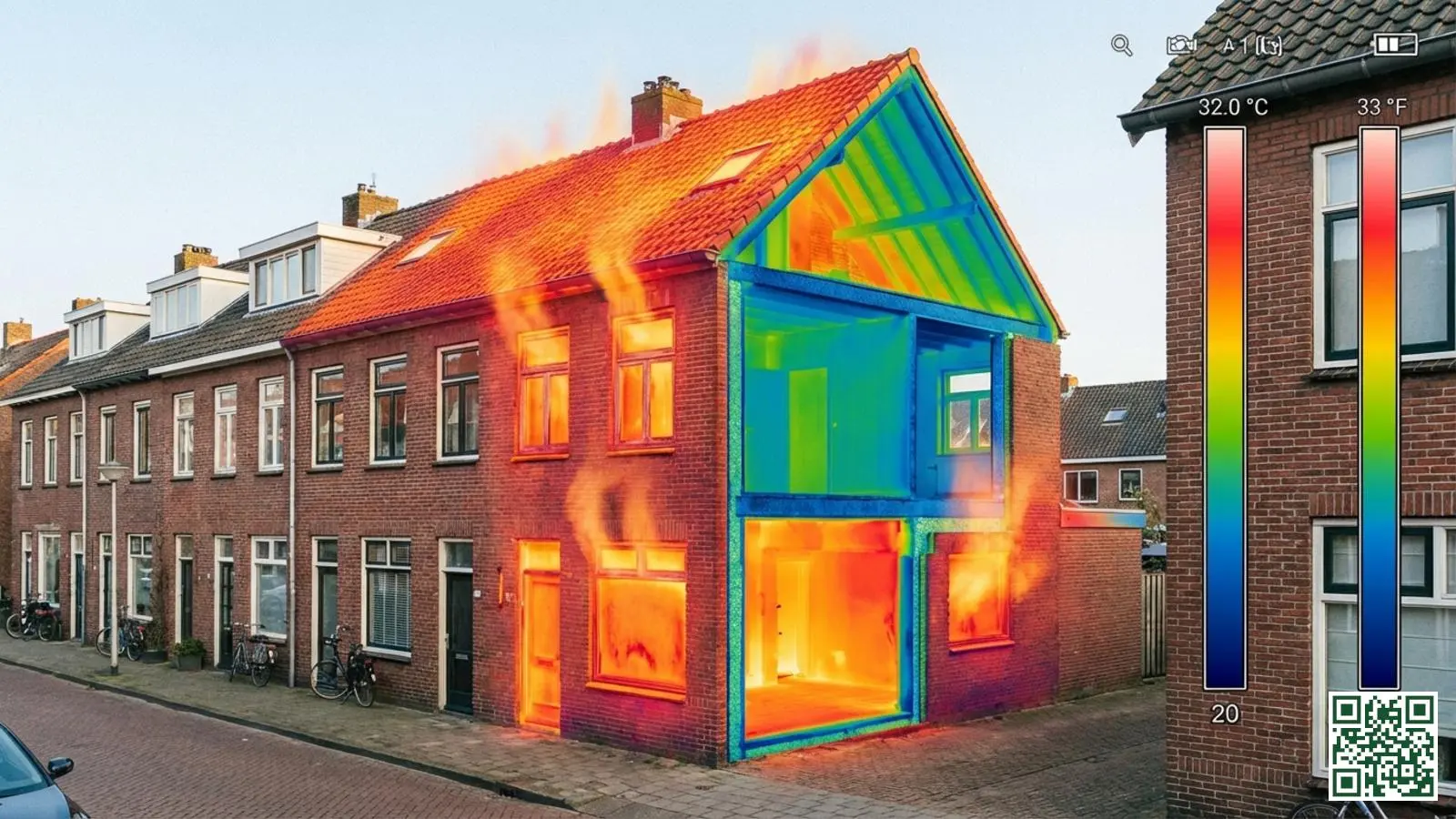 Nederlandse woning met visualisatie van verschillende isolatiezones bij dak, muren, ramen en vloer