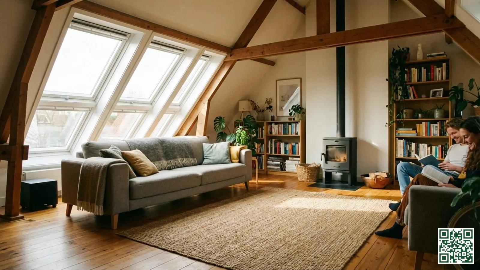 Lichte en comfortabele woonkamer met dakramen die zorgen voor natuurlijk daglicht en aangenaam wooncomfort