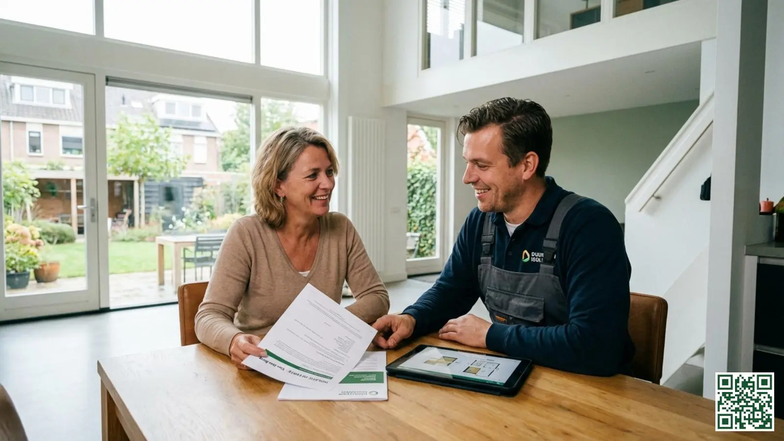 Huiseigenaar bespreekt een offerte voor dakisolatie met een professionele isolatiemonteur aan de keukentafel
