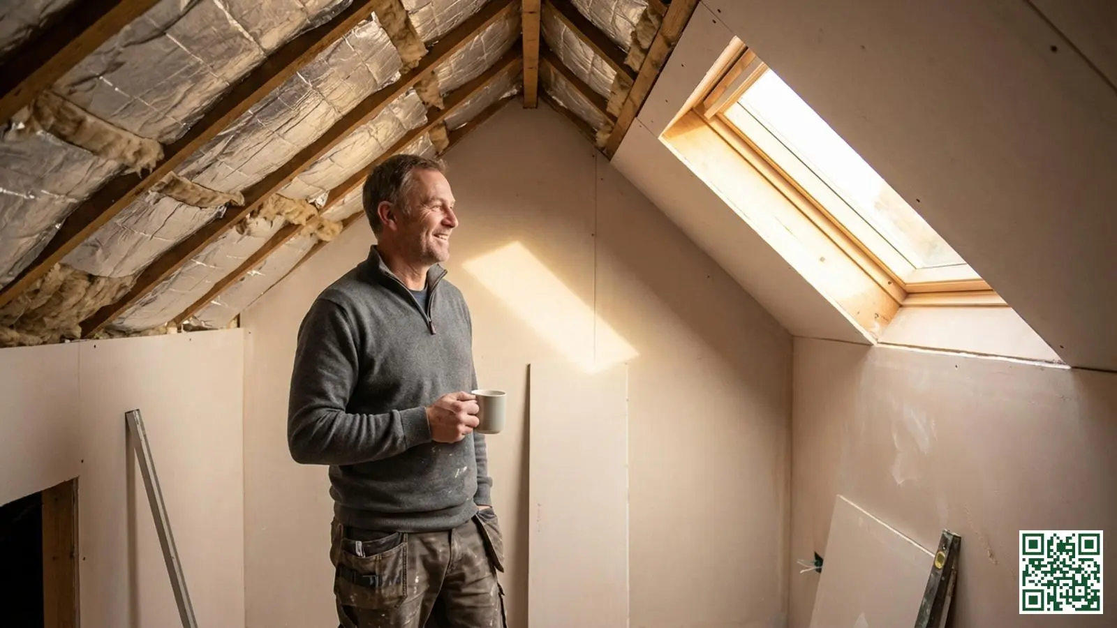 Tevreden huiseigenaar staat in een recent geïsoleerde zolderruimte met zichtbare afwerking en natuurlijk daglicht