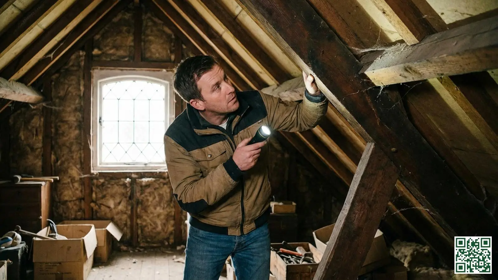 Huiseigenaar inspecteert houten dakbalken op zolder met zaklamp om de staat van de constructie te controleren