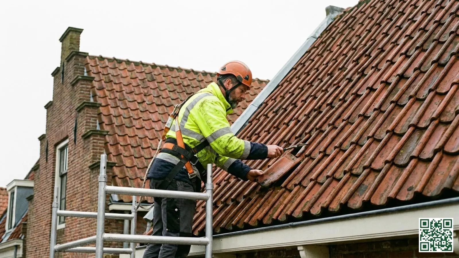 Professionele dakdekker inspecteert de staat van dakpannen op een Nederlandse woning voor isolatieadvies