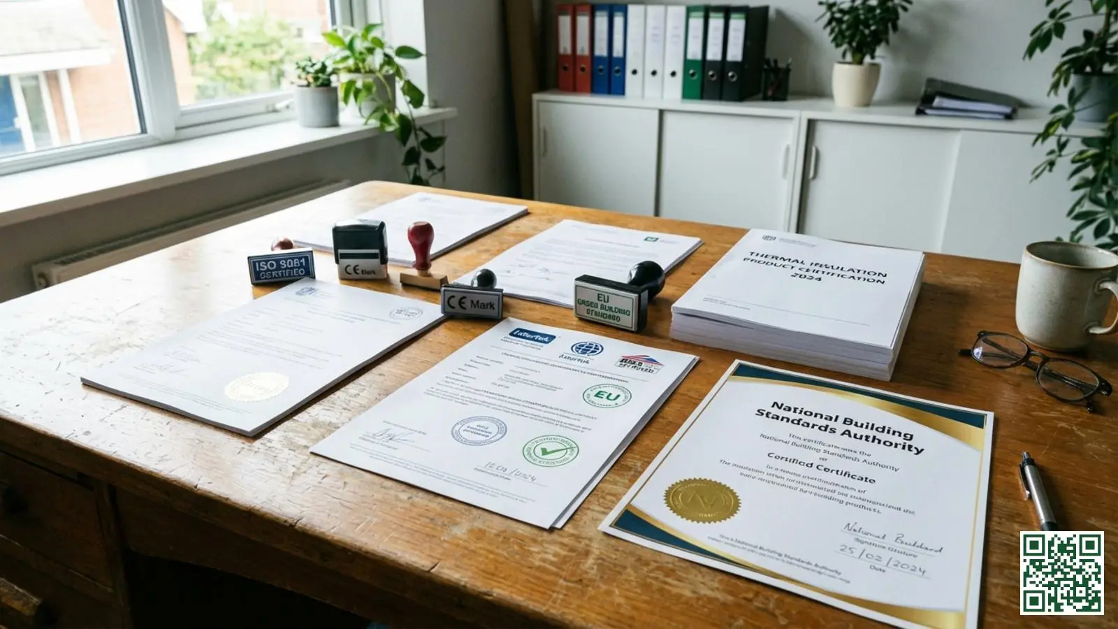 Officiële certificaten en kwaliteitskeurmerken voor dakisolatiematerialen op een bureau