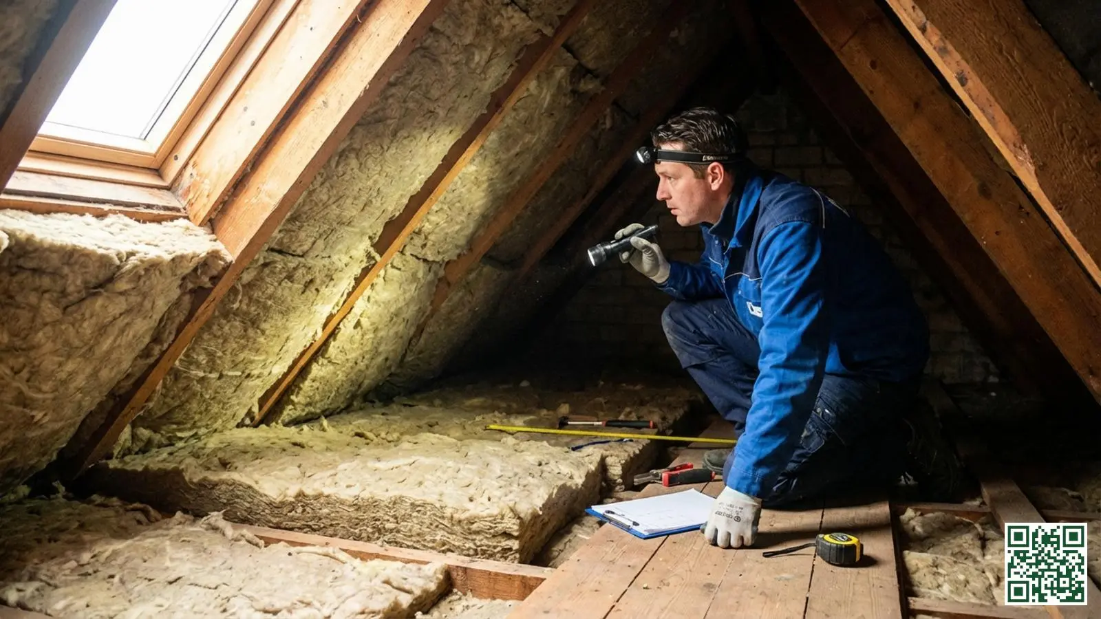 Isolatiespecialist controleert de kwaliteit van dakisolatie met zaklamp in zolderruimte