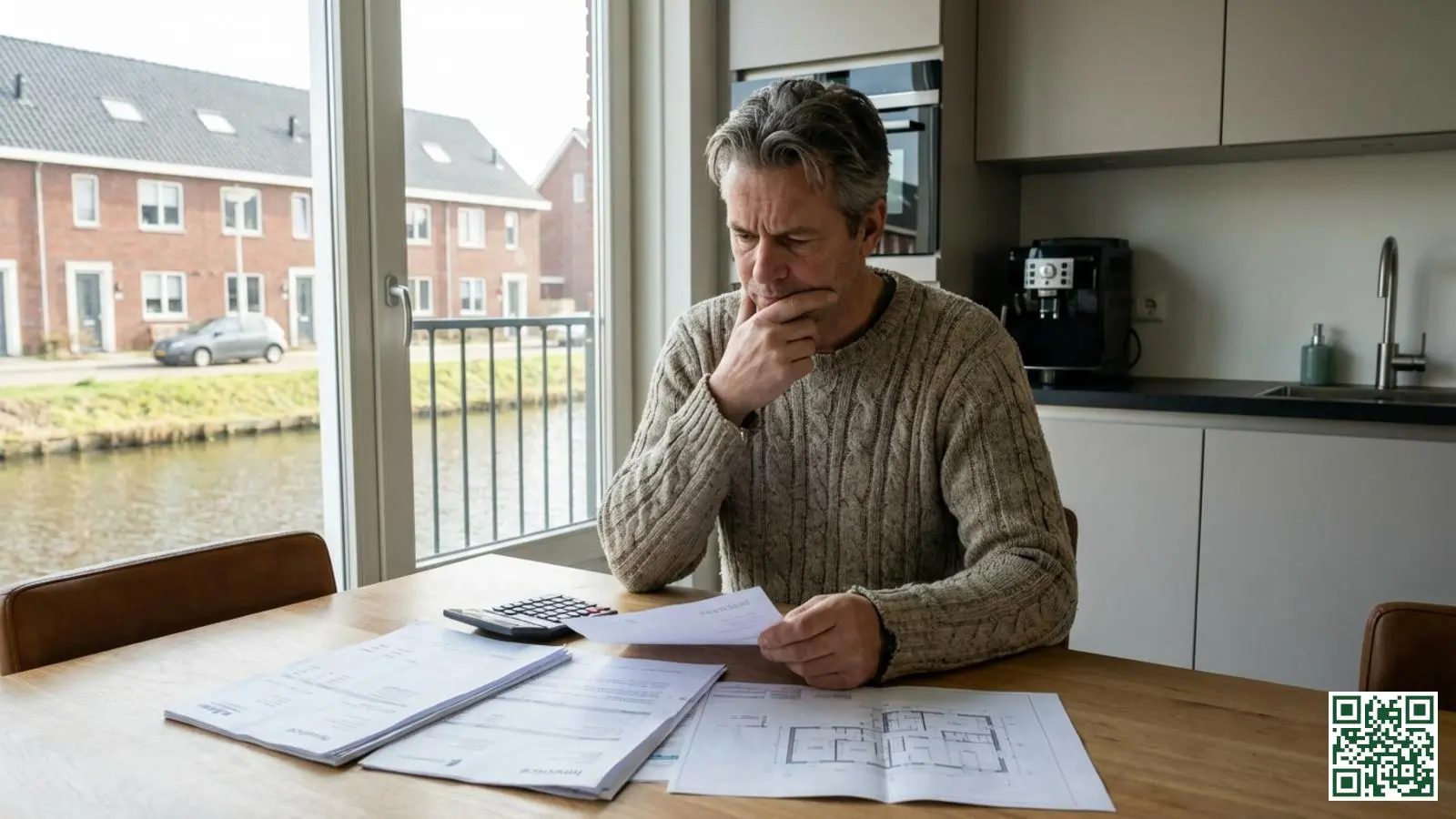 Nederlandse huiseigenaar bekijkt facturen en offertes voor dakisolatie aan de keukentafel