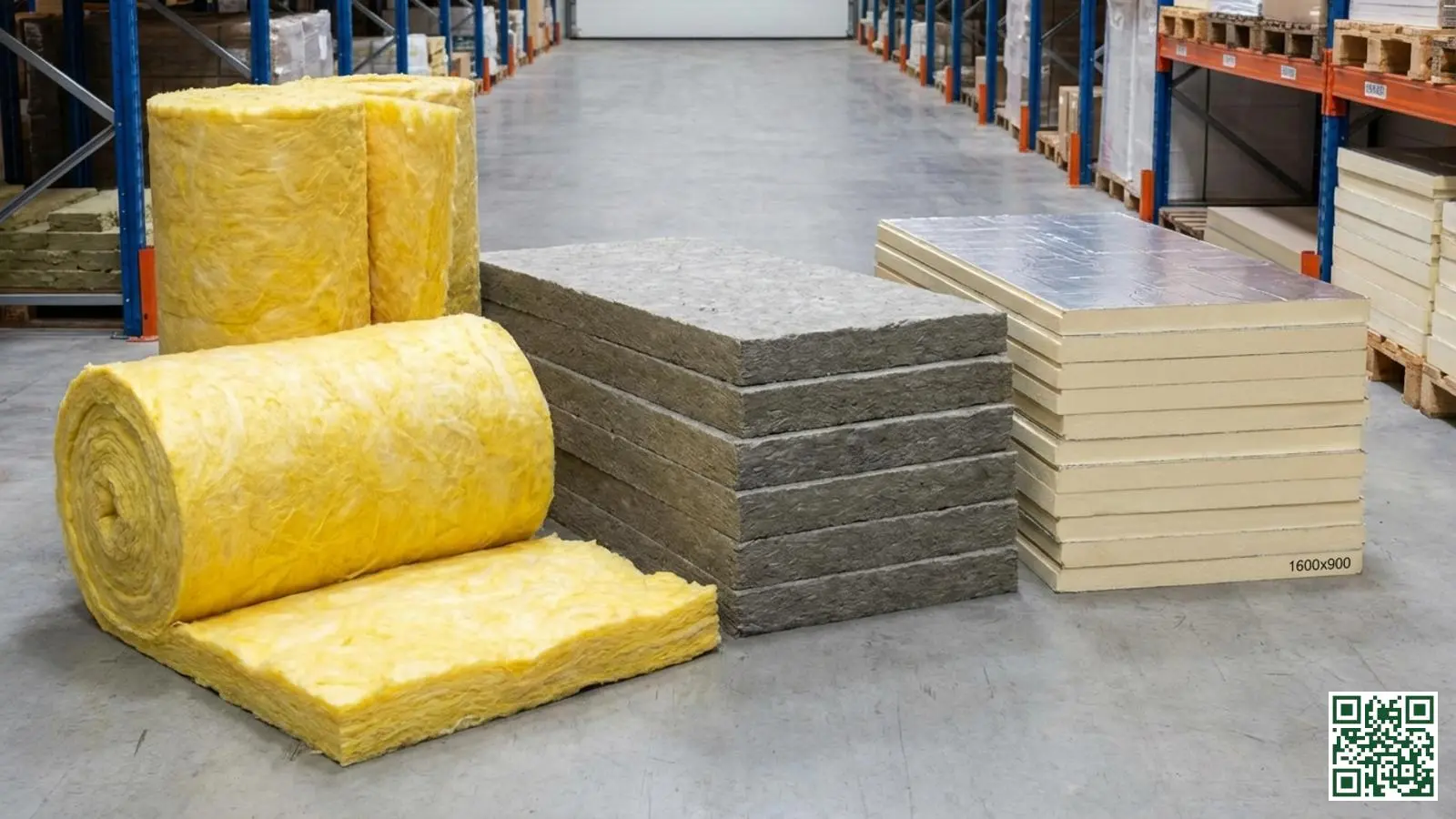 Verschillende soorten dakisolatiematerialen naast elkaar waaronder glaswol rollen, steenwol platen en PIR isolatieplaten