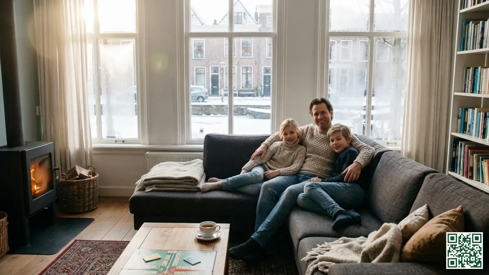 Gelukkig gezin geniet van hun comfortabele en warme woonkamer in een goed geïsoleerd huis