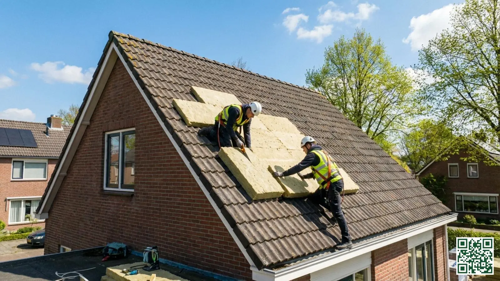 Dakdekkers plaatsen isolatie op een hellend dak in het voorjaar met helder weer en blauwe lucht
