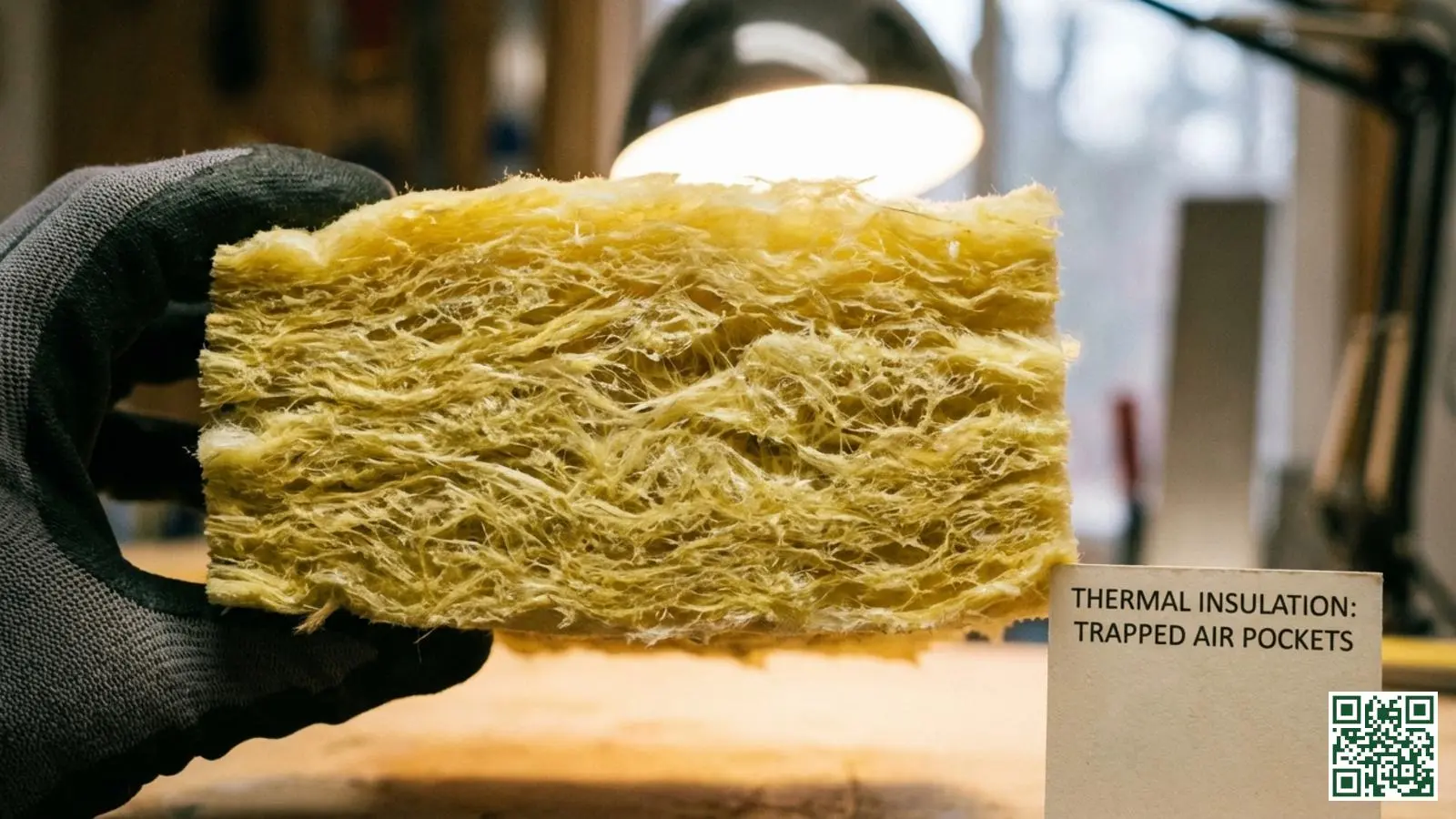 Doorsnede van minerale wol isolatie toont de vezelstructuur en ingesloten luchtbelletjes die warmte tegenhouden