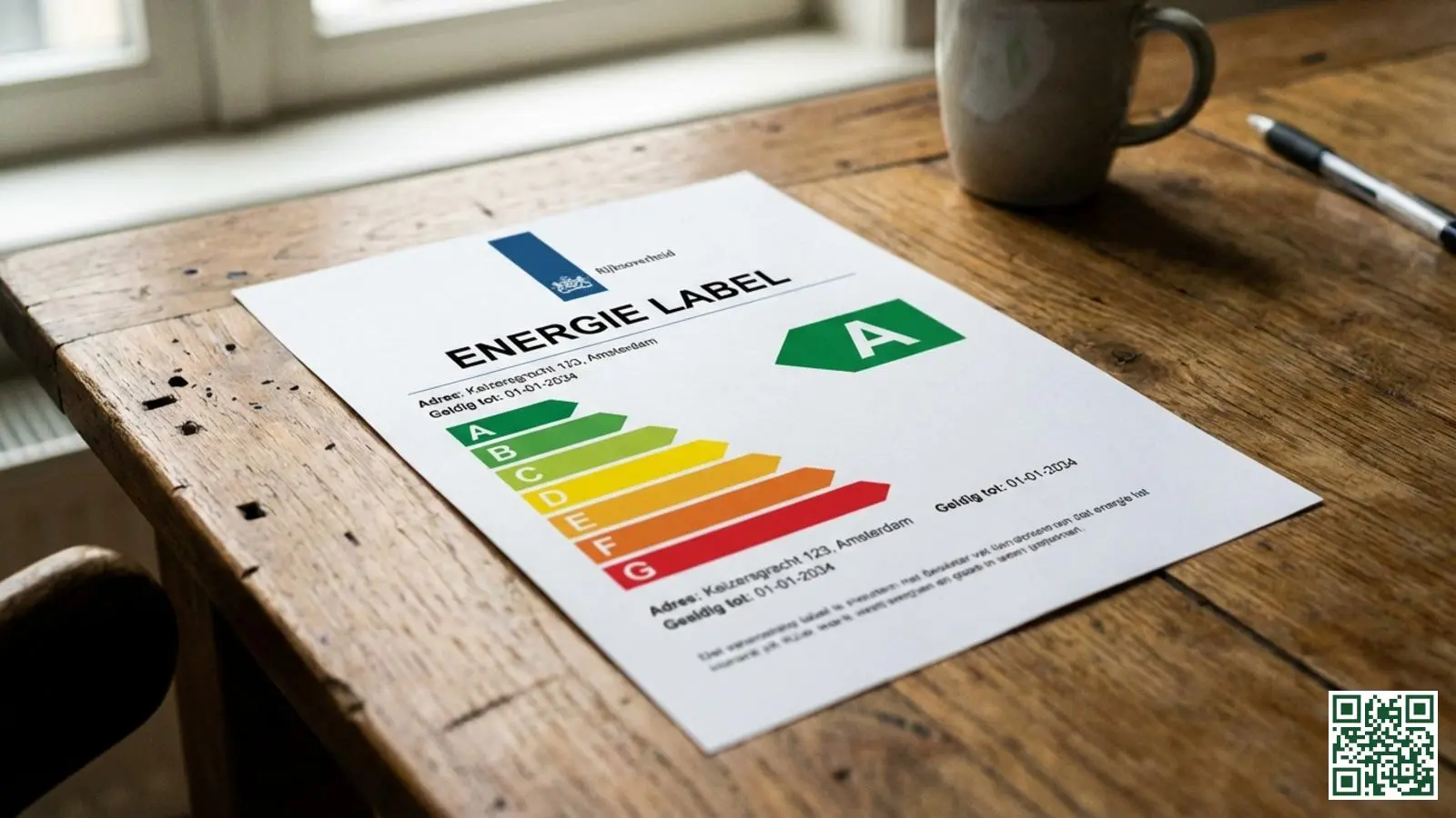 Officieel energielabel certificaat met groene A of B classificatie liggend op een houten tafel