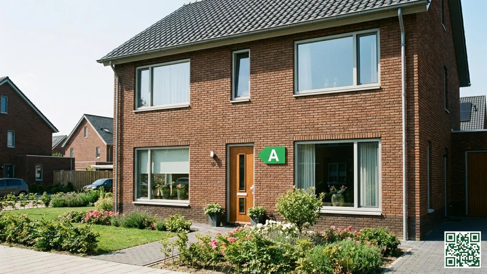Moderne Nederlandse woning met stenen gevel en dakpannen met een groen energielabel bij de voordeur