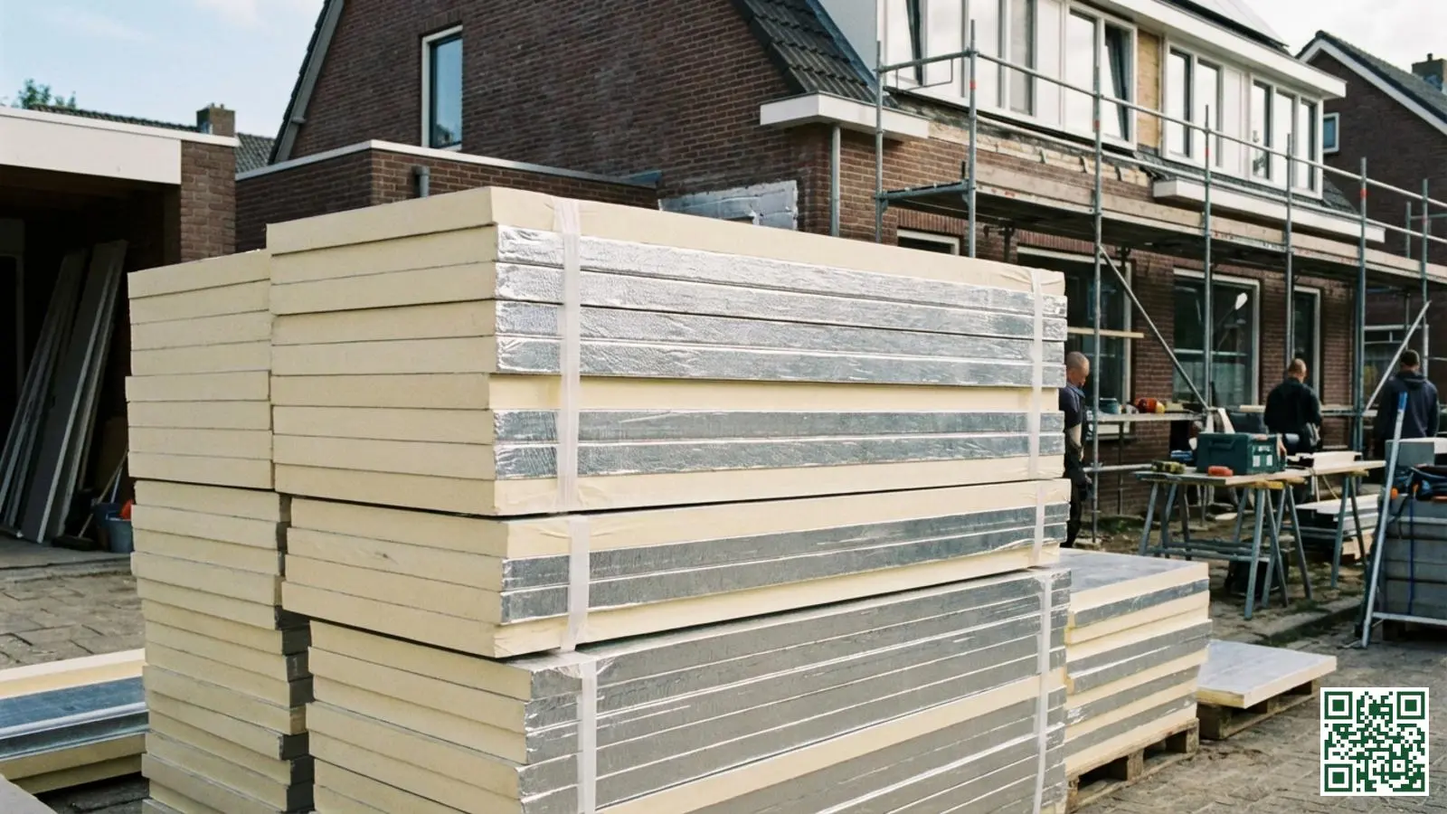 Gestapelde PIR isolatieplaten met aluminium coating klaar voor plaatsing bij dakisolatie project