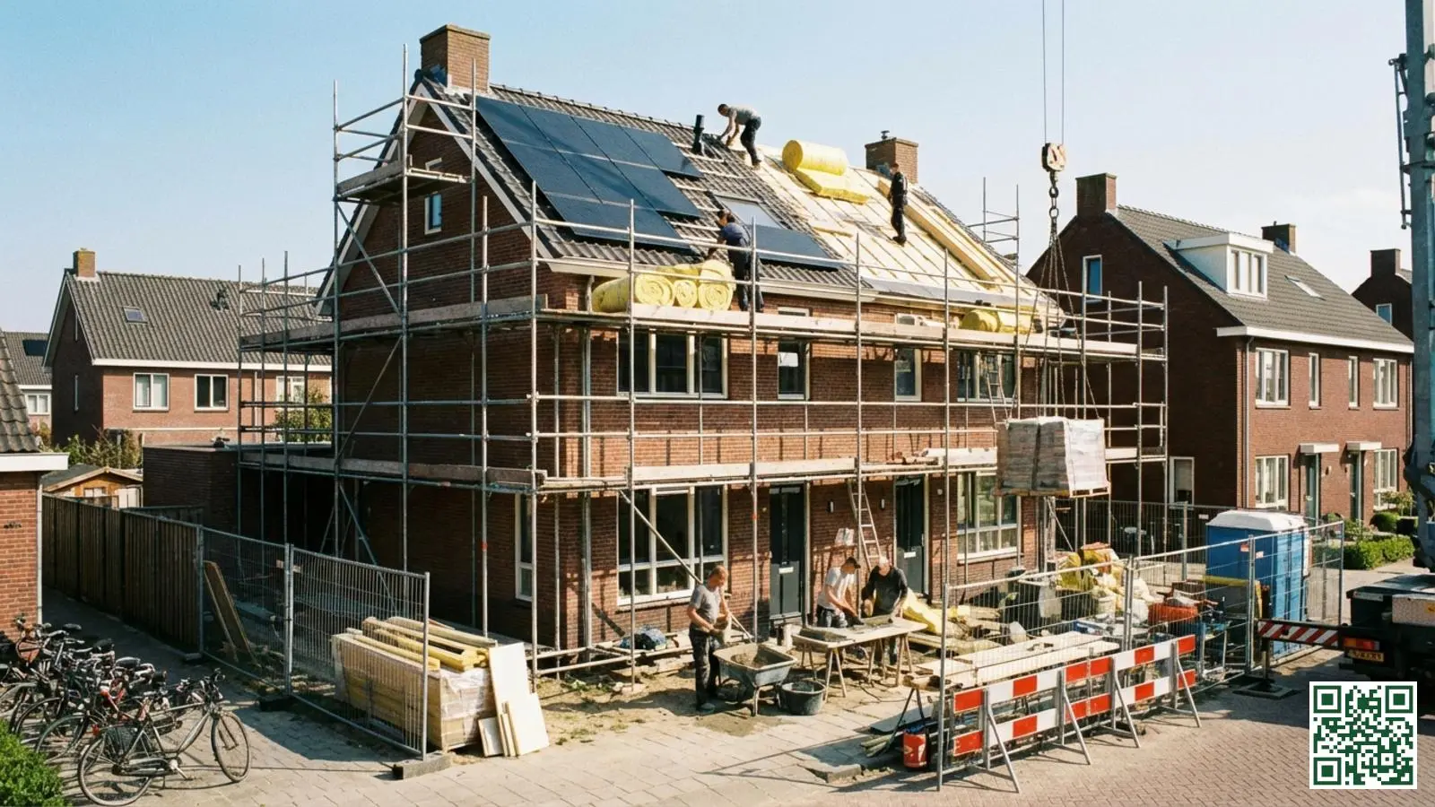Nederlandse woning met steiger waar dakisolatie en zonnepanelen gelijktijdig worden geïnstalleerd
