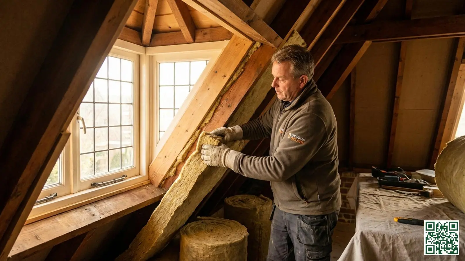Vakman plaatst flexibele isolatie rondom de binnenzijde van een dakkapel in een Nederlandse zolderruimte