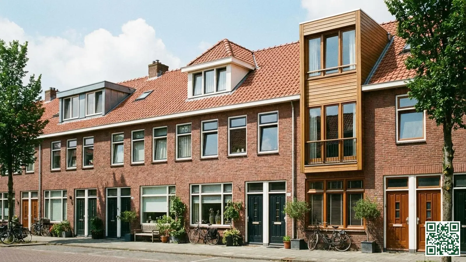 Rijtjeshuizen met verschillende soorten dakkapellen waaronder platte en schilddakkapellen op een Nederlandse straat