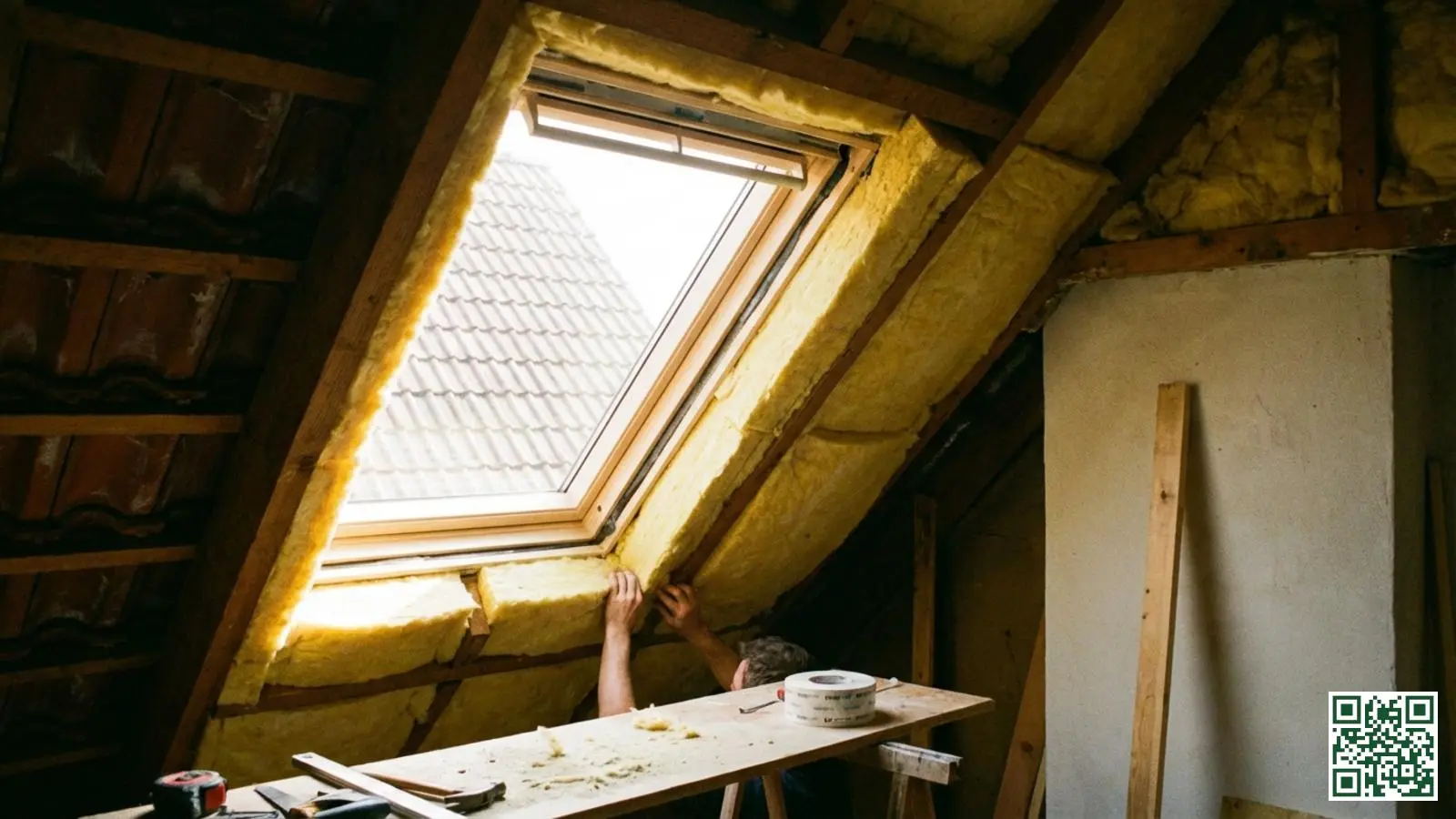 Dakraam in schuin dak met gele minerale wol isolatie rondom het kozijn geïnstalleerd