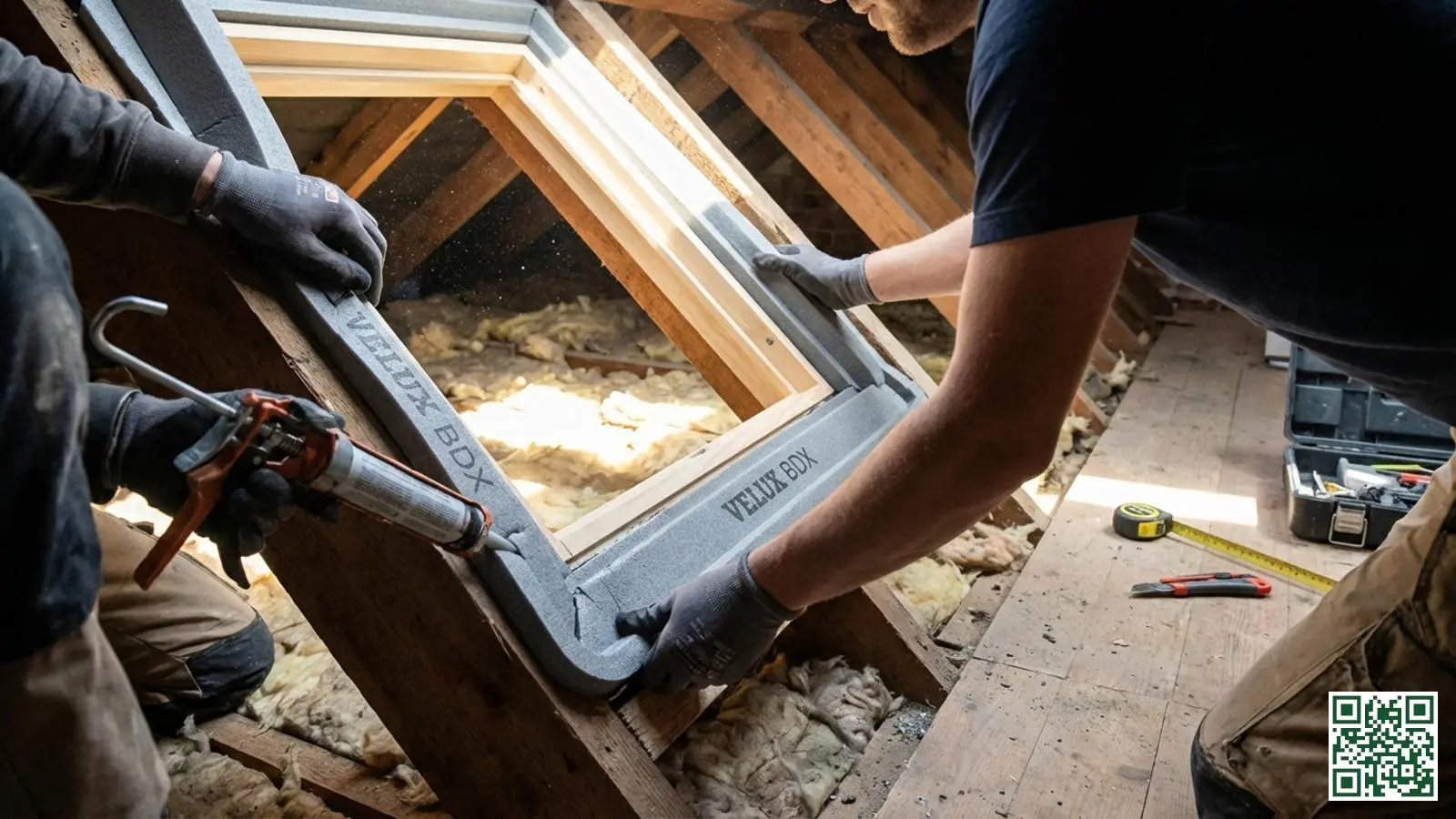 Installatie van een isolatiekraag rondom een dakraamkozijn in een Nederlandse zolder