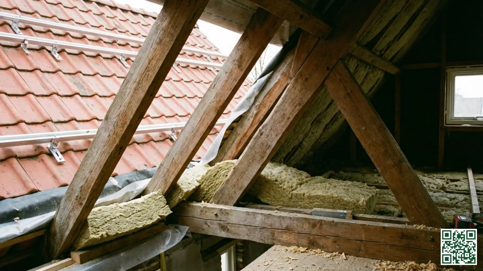 Dakconstructie met isolatiemateriaal tussen de balken en montagerails voor zonnepanelen zichtbaar