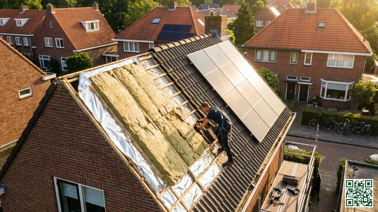 Nederlandse woning met dakisolatie en zonnepanelen gecombineerd op een hellend pannendak