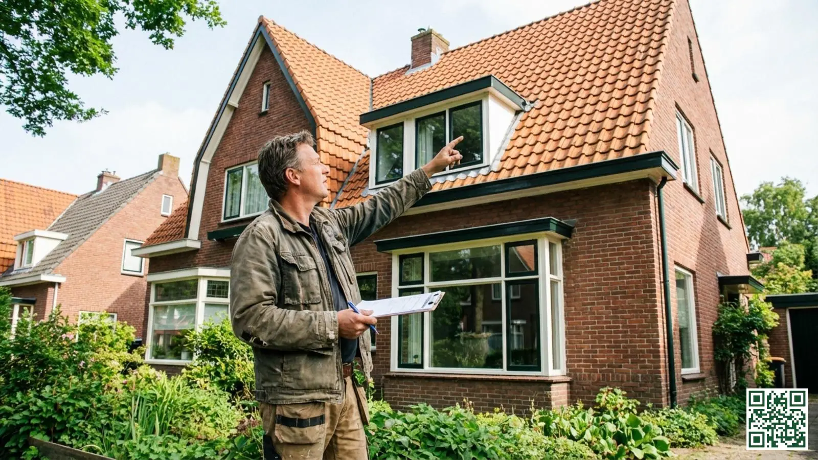 Huiseigenaar beoordeelt de dakconstructie van buitenaf bij een Nederlandse woning met pannendak