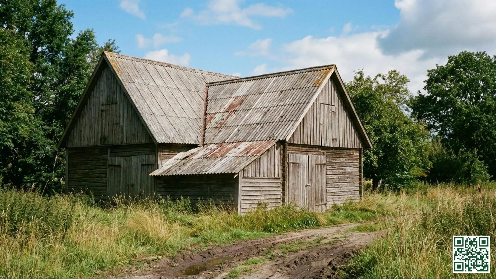 Schuur met golfplaten dak in Nederland, stalen dakplaten op traditioneel bijgebouw in landelijke omgeving