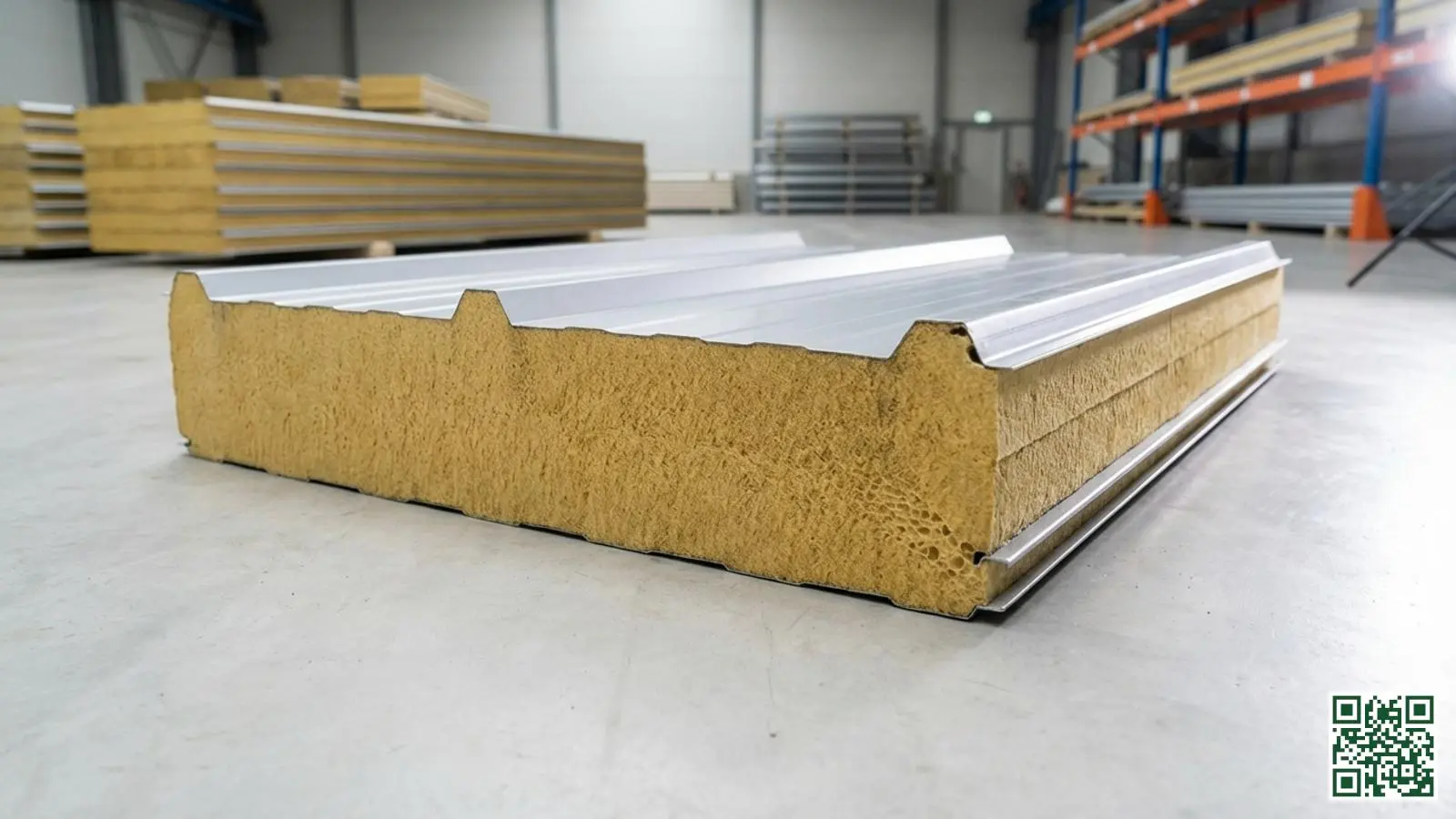 Doorsnede van sandwichpaneel met zichtbare PIR-isolatiekern tussen twee metalen buitenlagen voor dakisolatie