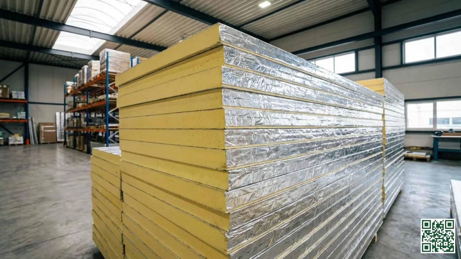 Gestapelde PIR isolatieplaten met zilverkleurige folielaag klaar voor installatie op plat dak