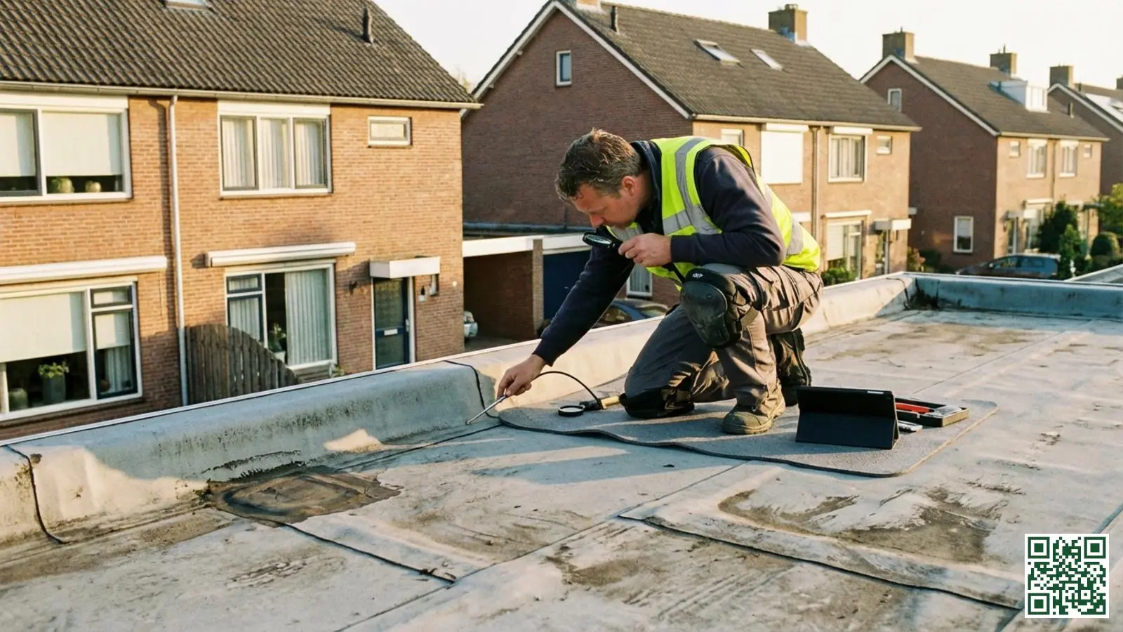 Vakman inspecteert de staat van EPDM dakbedekking op een plat dak van een woning