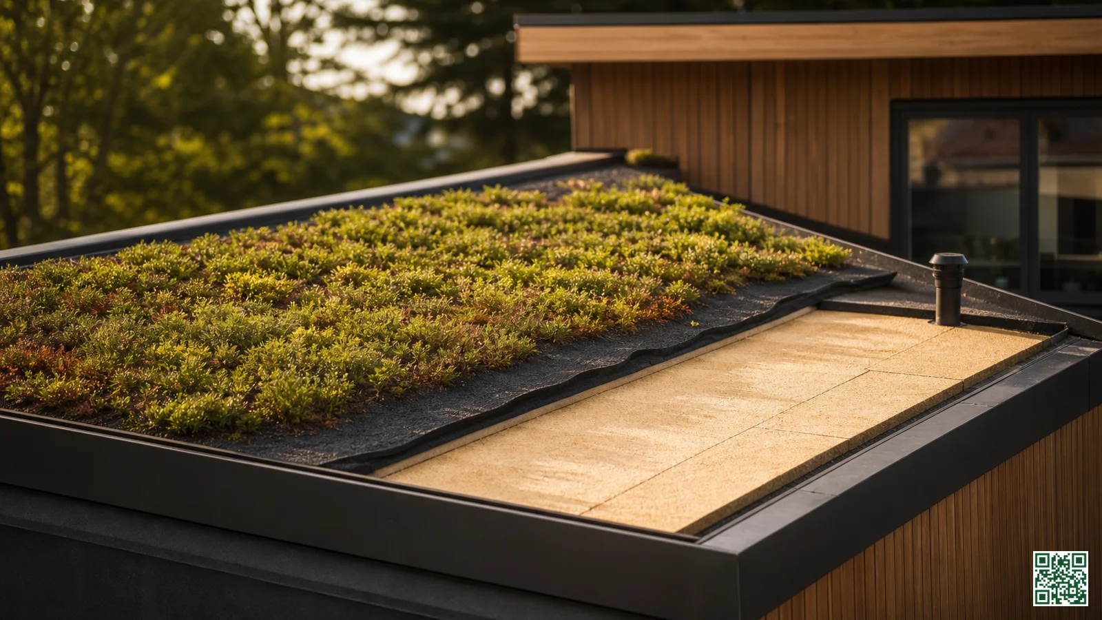 Buitenfoto van een plat dak met sedumbeplanting naast een gedeelte met zichtbare isolatieplaten en substraatlaag