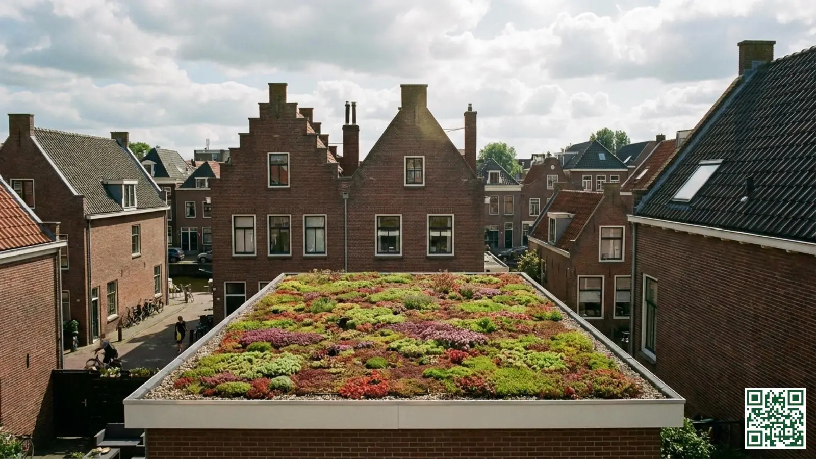 Sedumdak met bloeiende vetplanten op een woning in een Nederlandse woonwijk