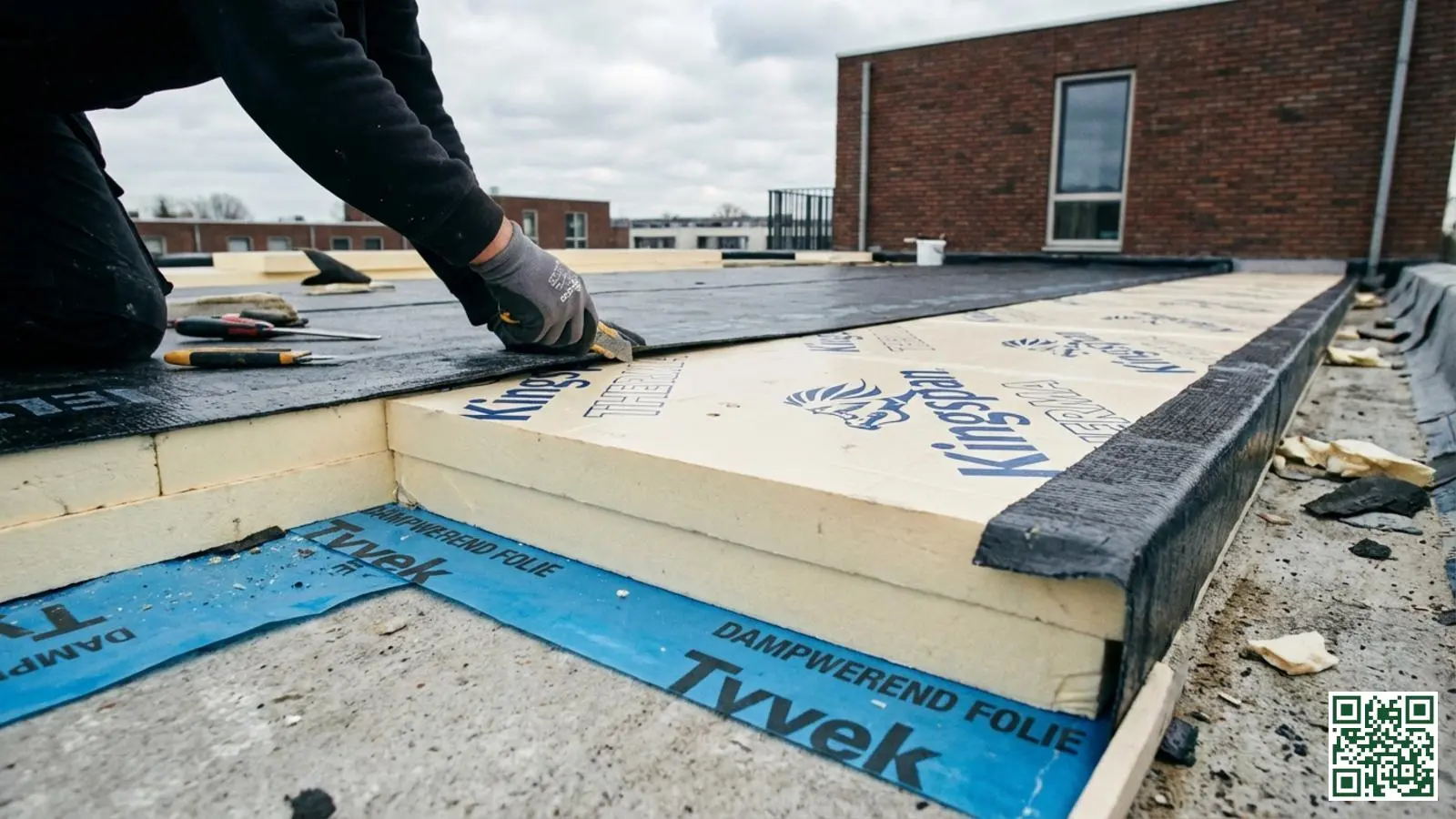 Doorsnede van platte dakisolatie met zichtbare lagen isolatieplaten en dampremmende folie