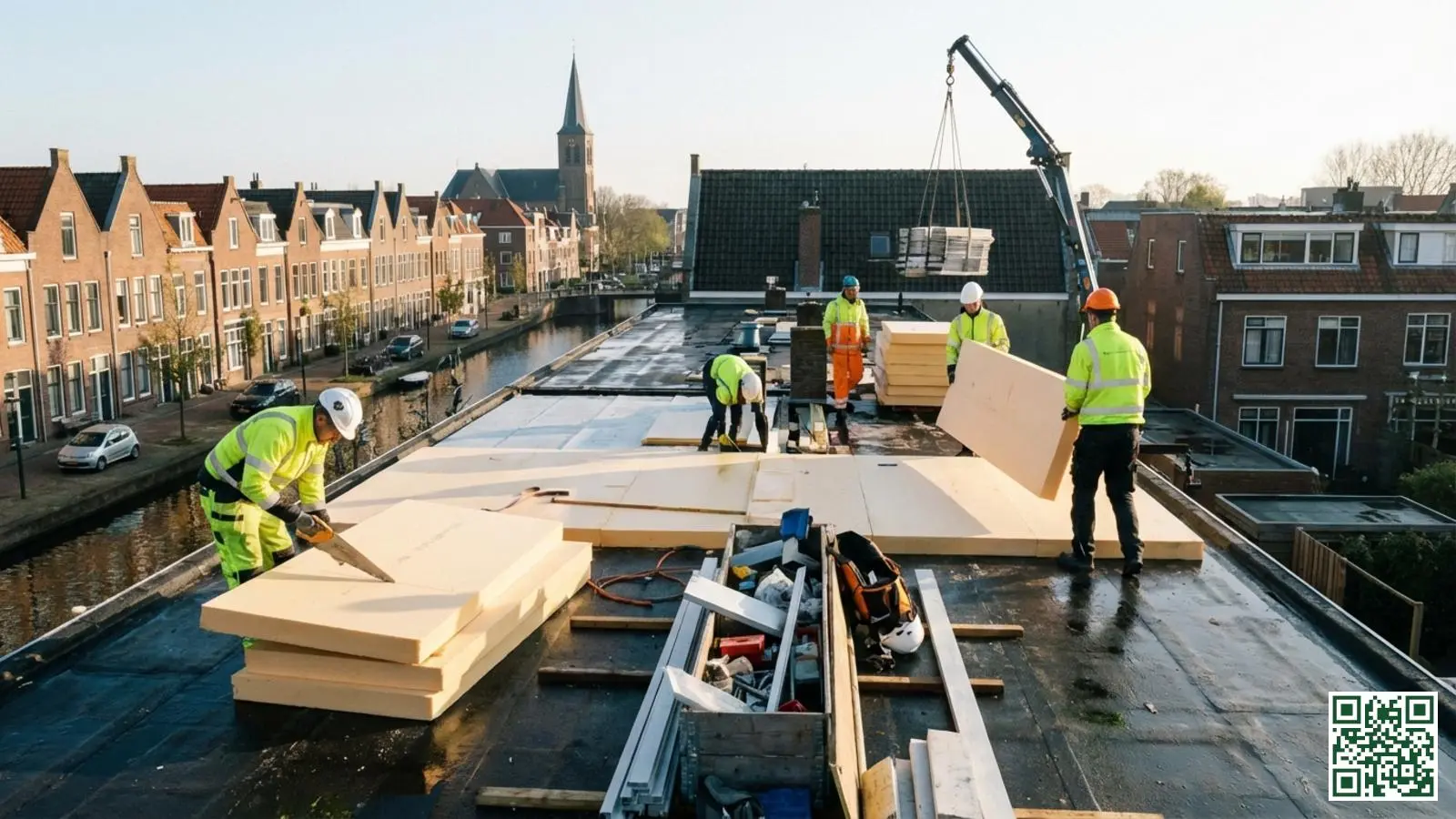 Vakmannen plaatsen isolatieplaten op een plat dak van een Nederlandse woning tijdens renovatie