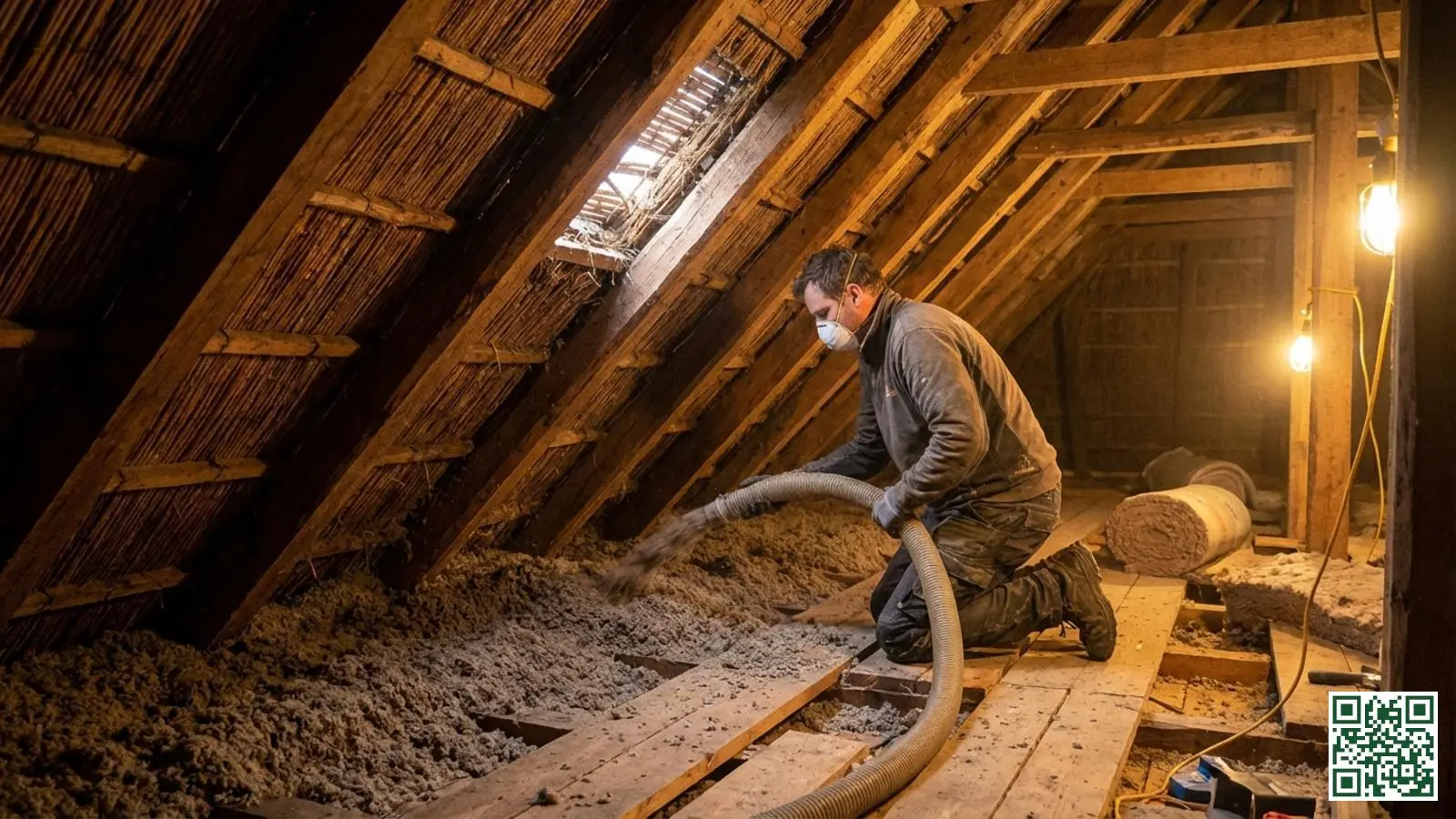 Vakman plaatst cellulose isolatie tussen daksporen aan binnenzijde van rieten dak met zichtbare ventilatiespouw