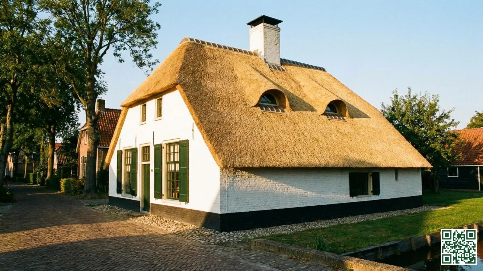Monumentale Nederlandse boerderij met traditioneel rieten dak in beschermd dorpsgezicht tijdens gouden uur