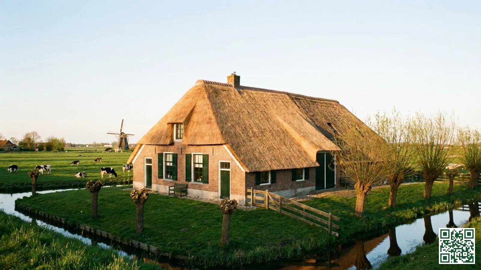Traditionele Nederlandse boerderij met goed onderhouden rieten dak in landelijk gebied met groene weilanden