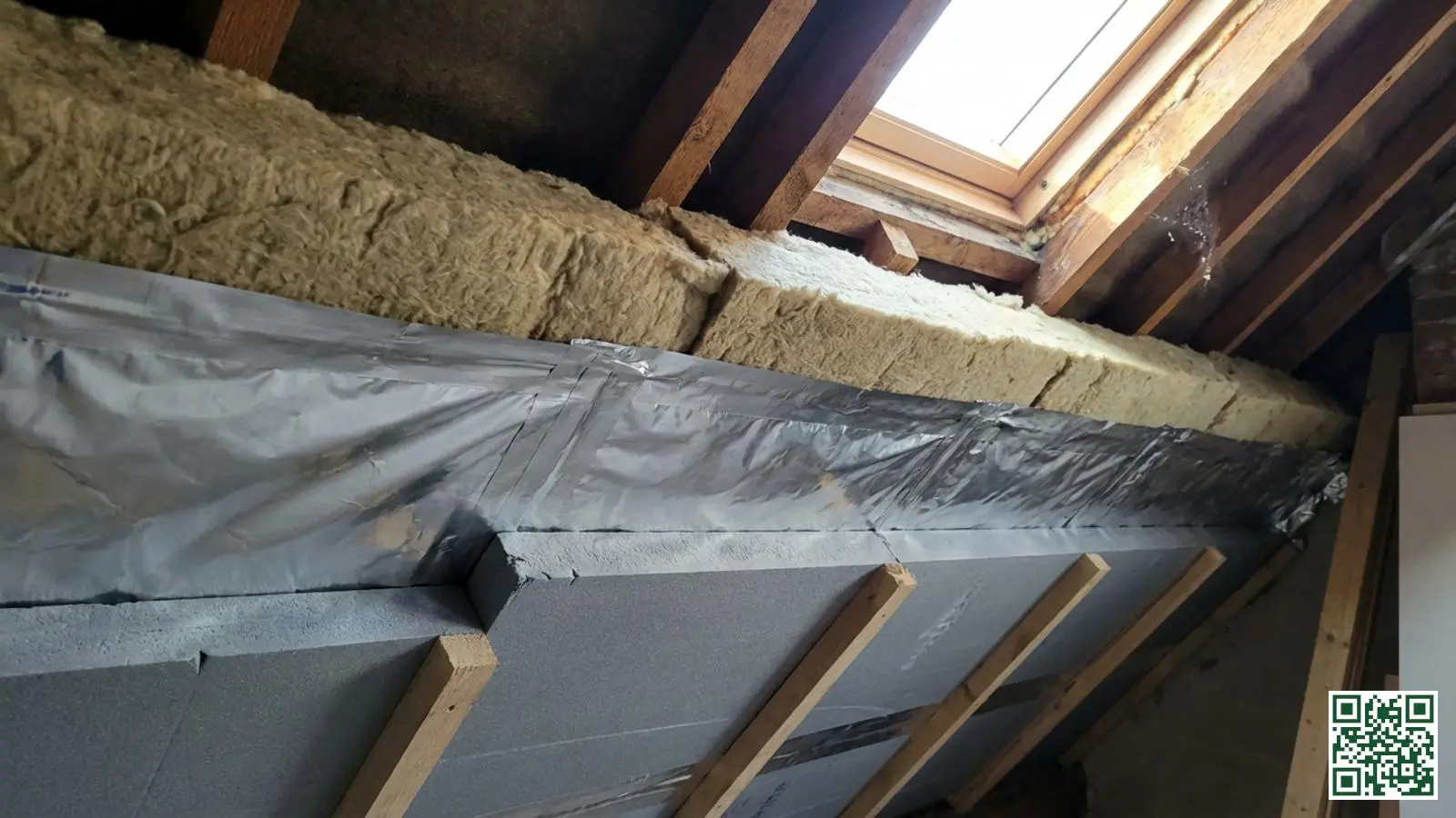 Afgewerkte dakisolatie met minerale wol tussen balken en extra isolatielaag met dampscherm