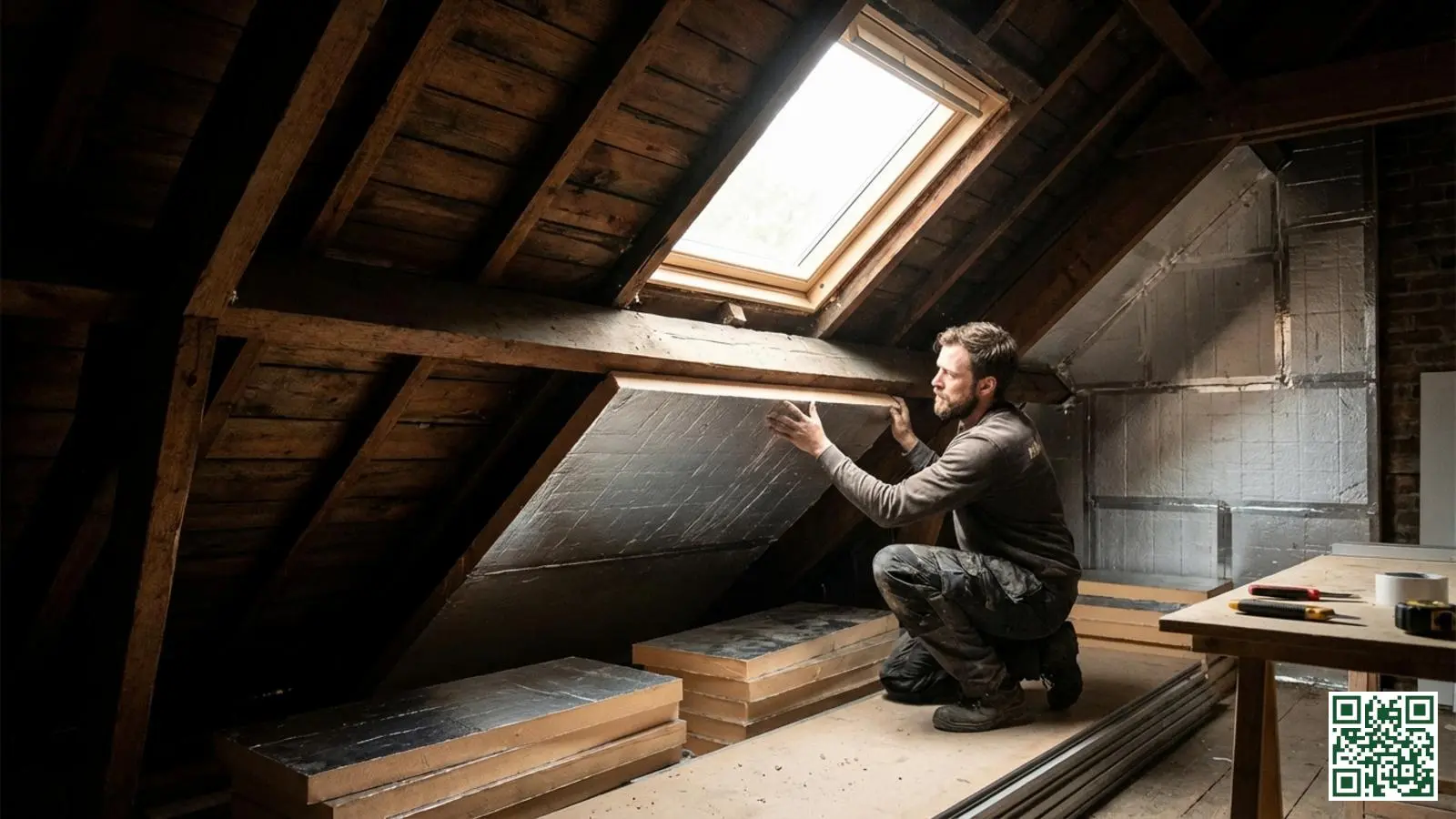Installatie van PIR isolatieplaten tegen het dakbeschot in een Nederlandse zolderruimte met zichtbare houten balken